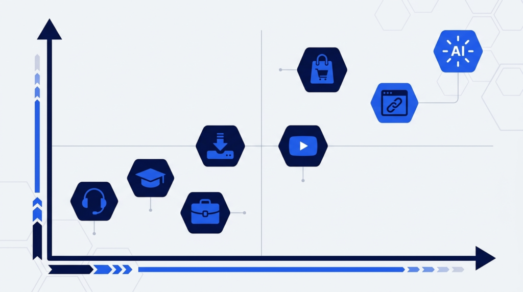 Comparison of eight ways to make money online by time-to-income and scalability — freelancing, affiliate, e-commerce, digital products, YouTube, tutoring, virtual assistance, and AI