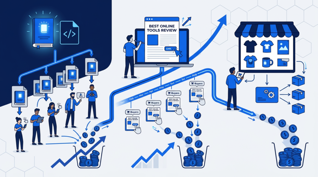 Scalable ways to make money online — selling digital products, affiliate marketing and blogging, and print-on-demand e-commerce that compound over time
