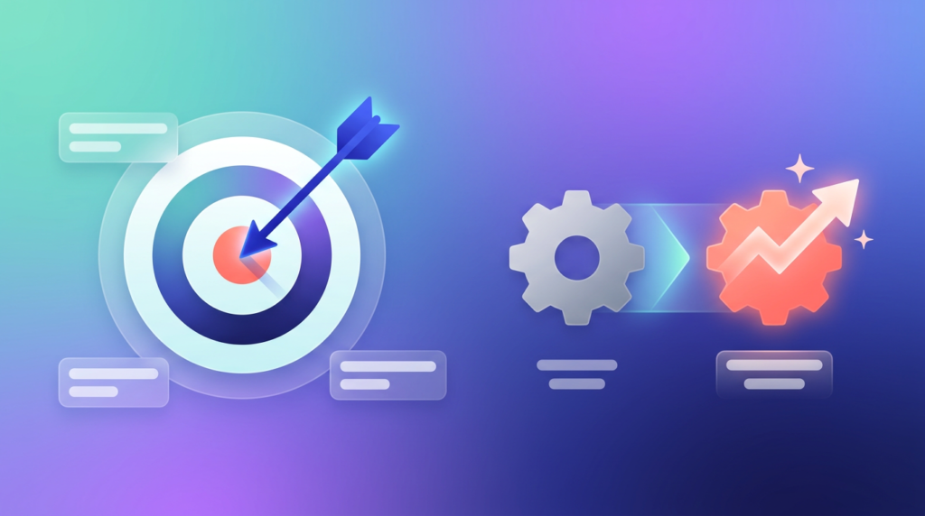 A bullseye target beside a plain feature transforming into a glowing outcome, illustrating precise customer targeting and selling outcomes over features.