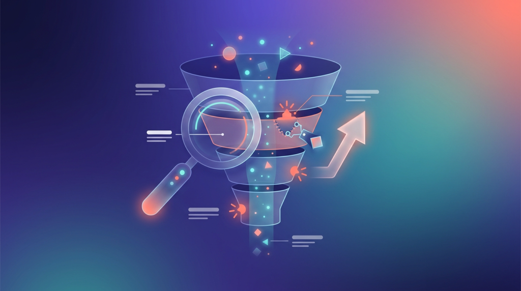 A funnel shown in cross-section with leak points being identified and sealed, illustrating measuring, iterating, and fixing the biggest lifecycle leak first.