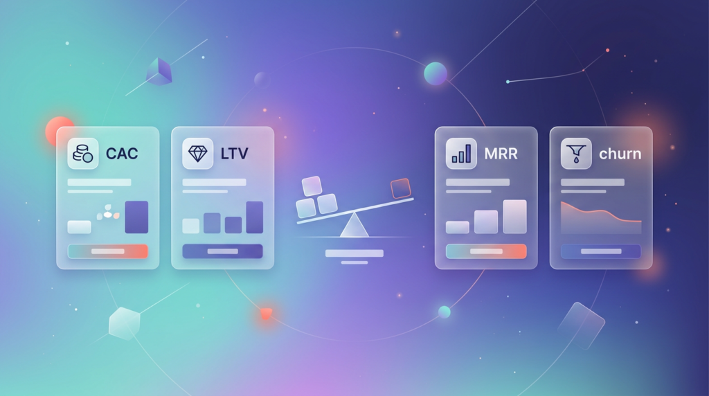 Abstract SaaS analytics dashboard showing cards for CAC, LTV, MRR, and churn alongside a balanced scale representing a healthy 3:1 LTV-to-CAC ratio.