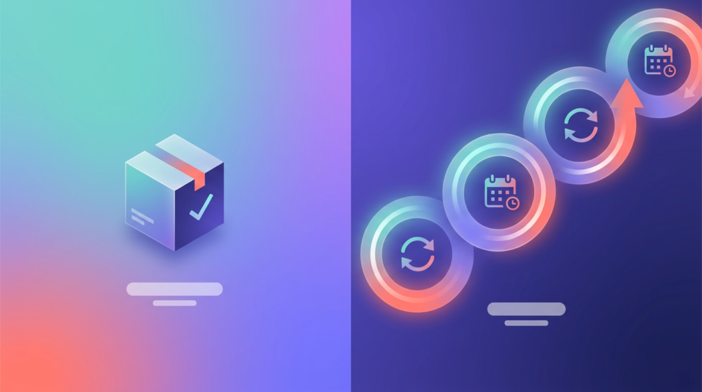 Split illustration contrasting a one-time purchase with a continuous subscription loop, showing how SaaS marketing centers on recurring revenue rather than a single sale.