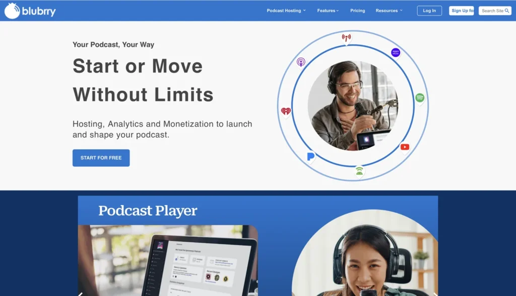 Blubrry podcast hosting homepage with IAB-certified stats and PowerPress