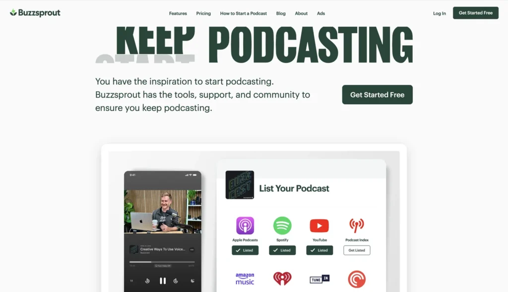 Buzzsprout podcast hosting homepage showing its clean dashboard and guided distribution.