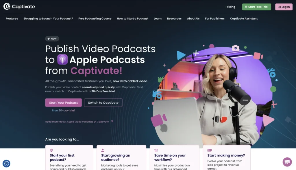 Captivate podcast hosting homepage focused on audience growth tools