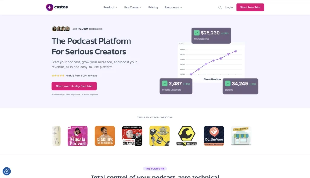 Castos podcast hosting homepage with WordPress integration