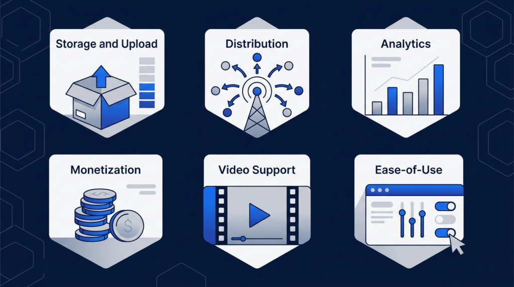 Six icons representing the criteria for choosing a podcast host — storage, distribution, analytics, monetization, video, and ease of use.