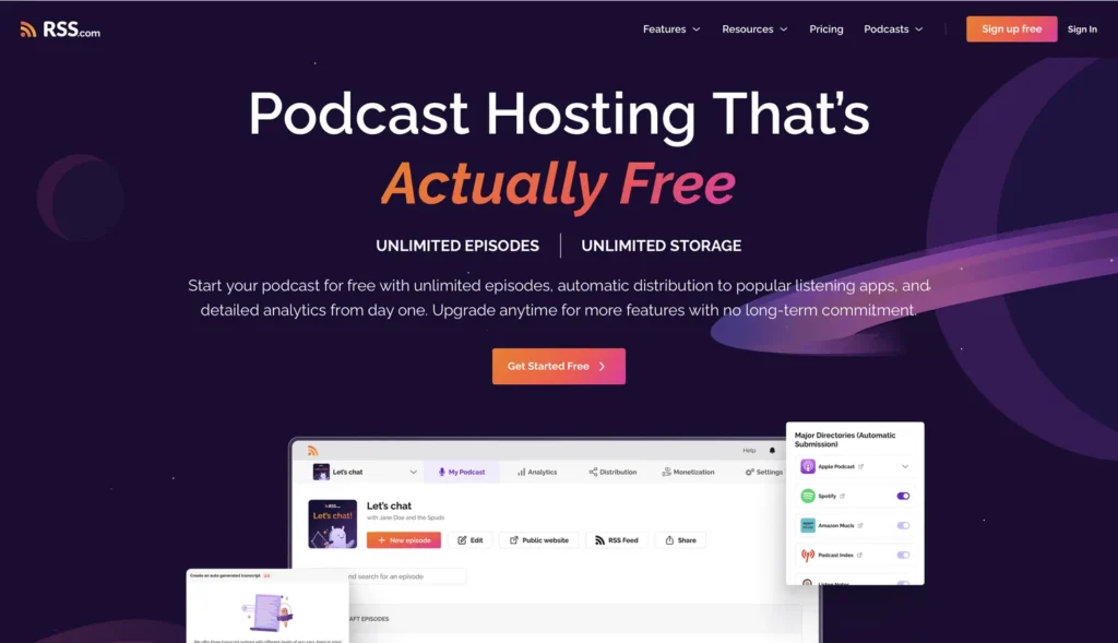 RSS.com podcast hosting homepage showing its free unlimited plan