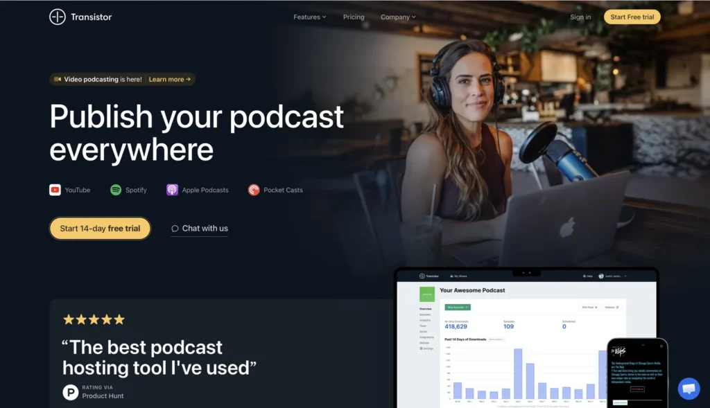 Transistor podcast hosting homepage with unlimited shows on one account