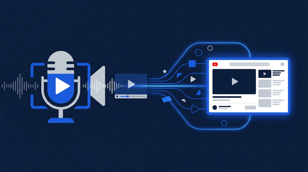 A podcast microphone merging with a video play button and timeline, representing the shift to video podcasting in 2026.