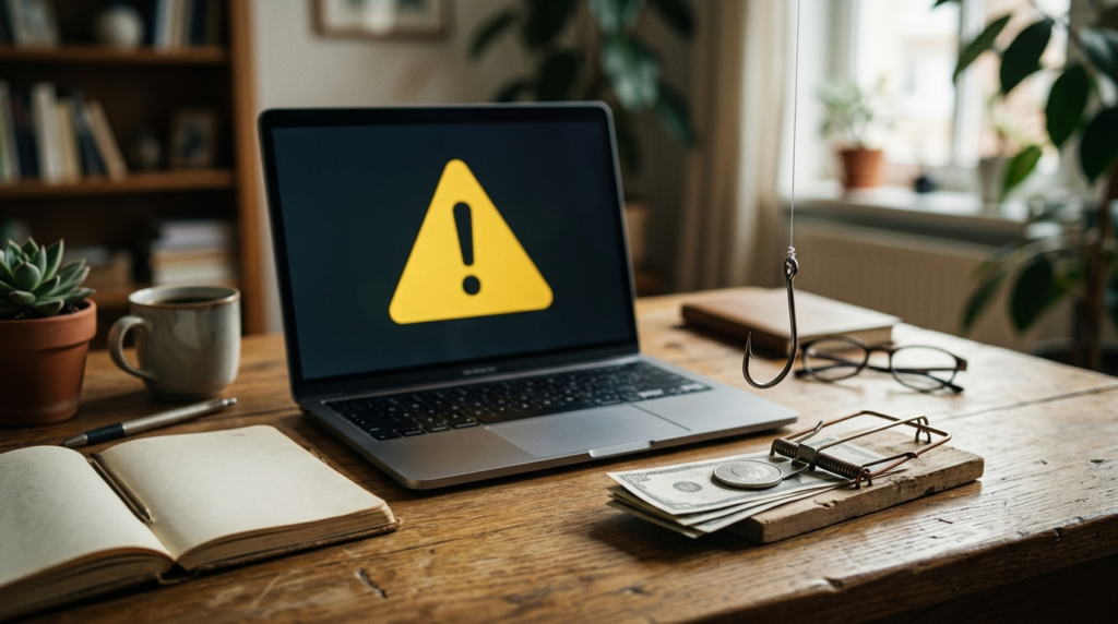 A laptop showing a warning screen beside a hook on cash, representing avoiding AI money-making scams and get-rich-quick hype.