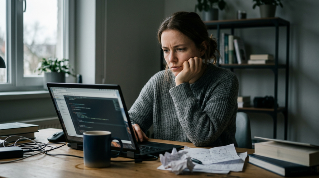 A person looking thoughtfully at a laptop with cold coffee nearby, representing the discouraging middle stretch and the mistake of quitting affiliate marketing too soon.