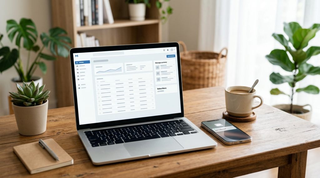 A laptop showing an email newsletter interface beside a phone notification, representing building an email list and an audience you own.