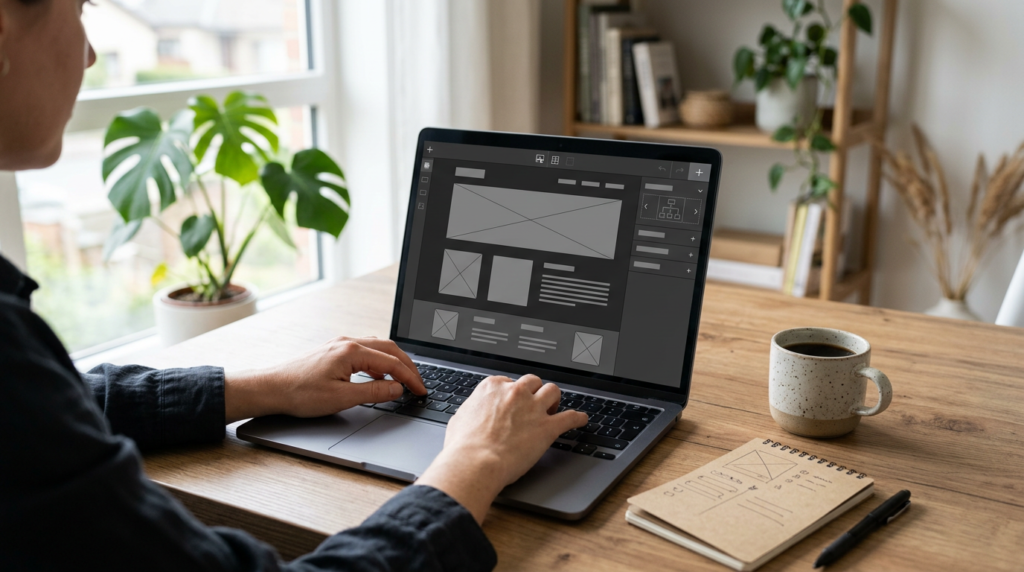 Hands setting up a website on a laptop at a clean desk, representing building your own site as a platform you fully own.