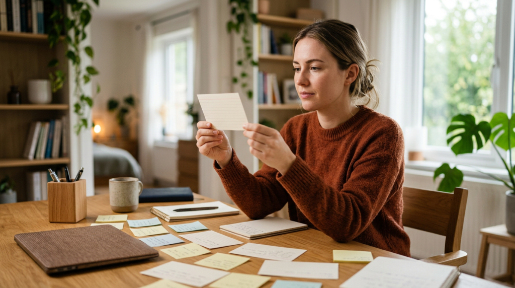 A person holding up one note while reviewing others on a desk, representing narrowing broad ideas down to one focused, winnable affiliate niche.
