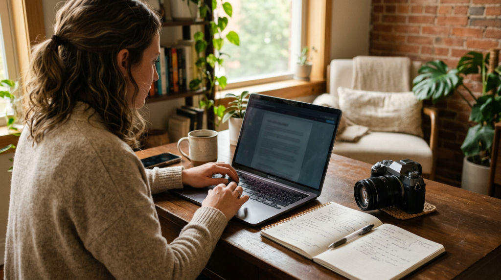 A person writing a review at a laptop with a product on the desk being evaluated, representing creating honest affiliate content that converts.