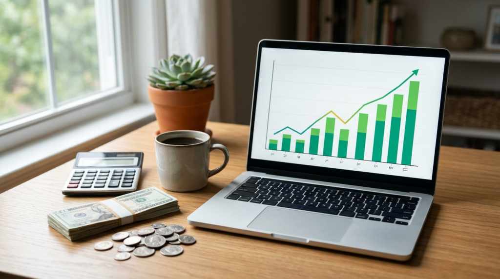 A small stack of cash and coins beside a laptop showing an upward earnings chart and a calculator, representing realistic income from AI bots.