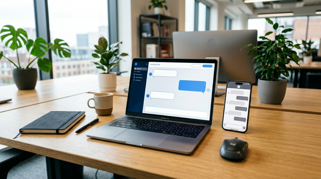 A laptop and phone showing chatbot conversation interfaces, representing building and renting AI chatbots for businesses.