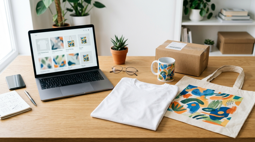A blank t-shirt and printed tote beside a laptop showing an online store grid and a shipping box, representing automated print-on-demand e-commerce.
