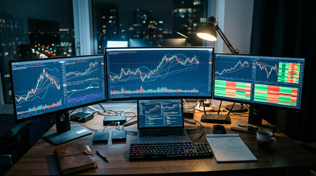 A laptop and monitors showing candlestick stock charts in a moody-lit room, representing algorithmic trading bots and their financial risk.