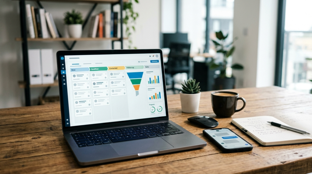 A laptop showing a CRM contact pipeline and funnel, representing AI agents doing lead generation and outreach as a service.