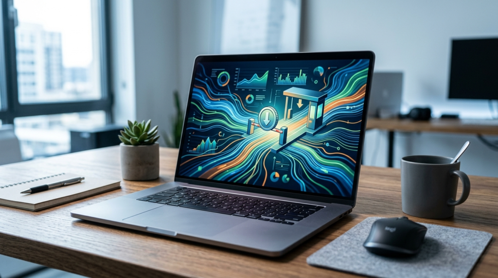 A laptop showing a web-traffic dashboard with a toll-gate motif, representing charging AI crawlers to access your content via pay-per-crawl.