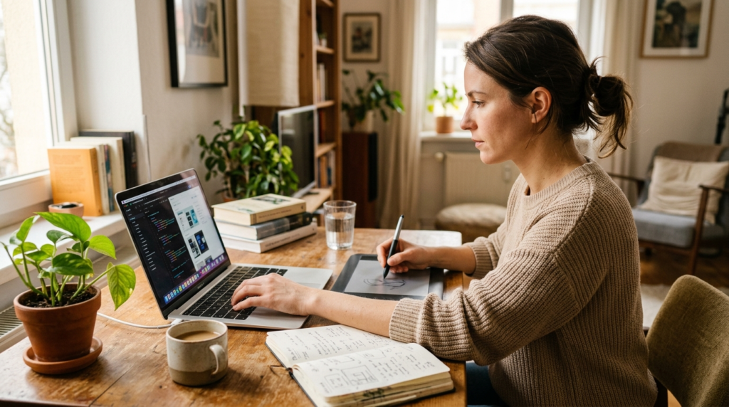 A freelancer working at a laptop with a notebook and stylus, representing AI-assisted writing and design services.