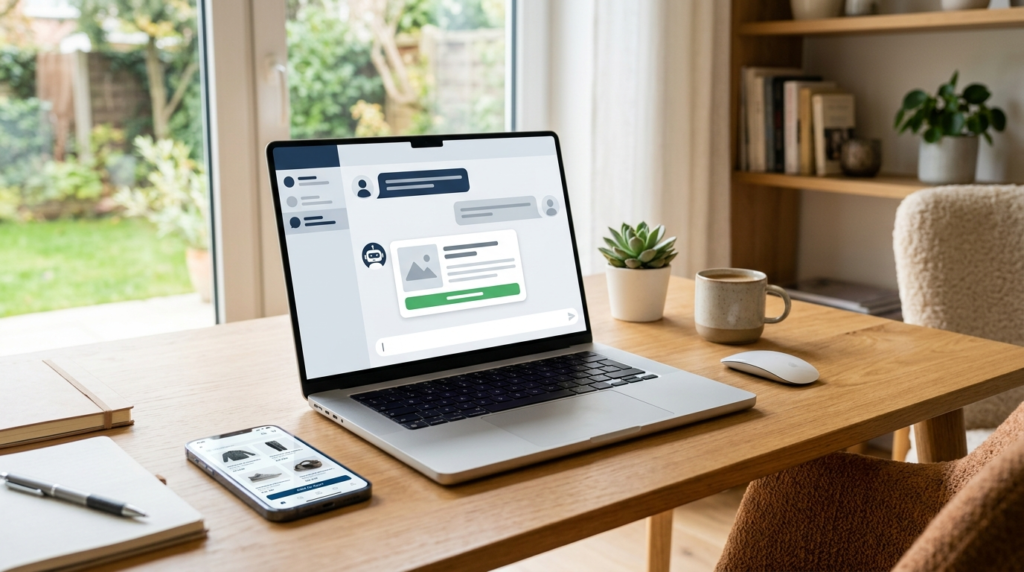 A laptop showing a recommendation chatbot suggesting a product beside a phone shopping screen, representing affiliate marketing with AI bots.