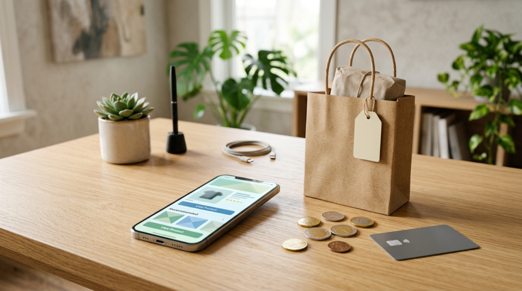 A smartphone showing an online shopping screen beside a small package and coins, representing earning a commission from a trusted product recommendation.