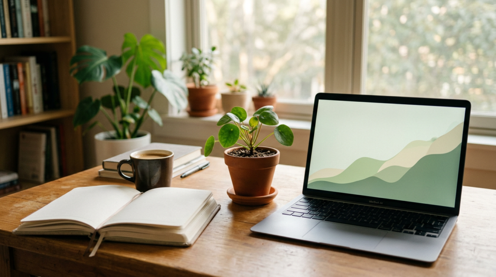 A small growing plant beside a laptop showing a gently rising chart and a calendar, representing the patient, compounding growth of affiliate income over the first year.