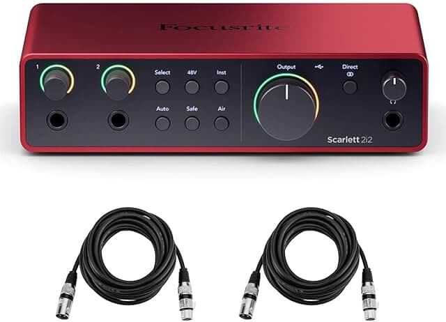 Focusrite Scarlett 2i2 audio interface with two XLR cables