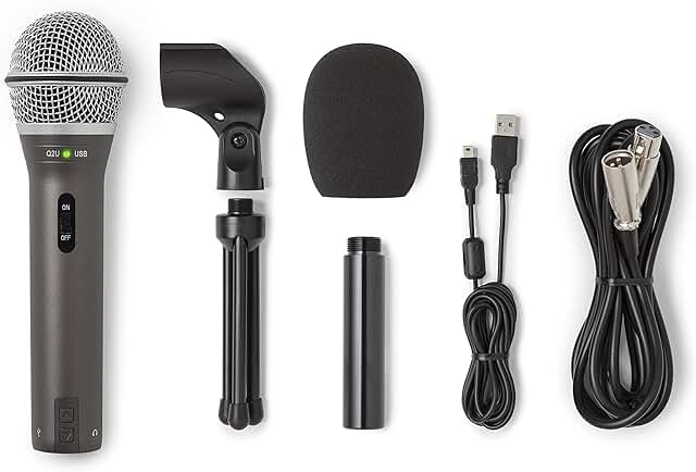 Samson Q2U dynamic podcast microphone kit with tripod, windscreen, and cables