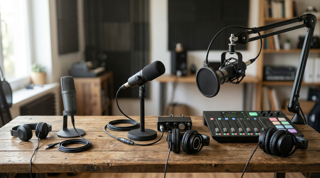 Podcast gear arranged from a simple USB mic to a full broadcast setup, representing beginner to professional budget tiers