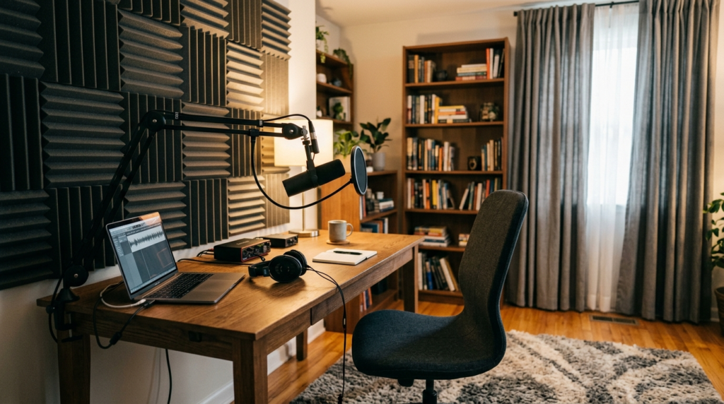 Home podcast recording corner with a microphone, acoustic foam panels, and soft furnishings for better sound