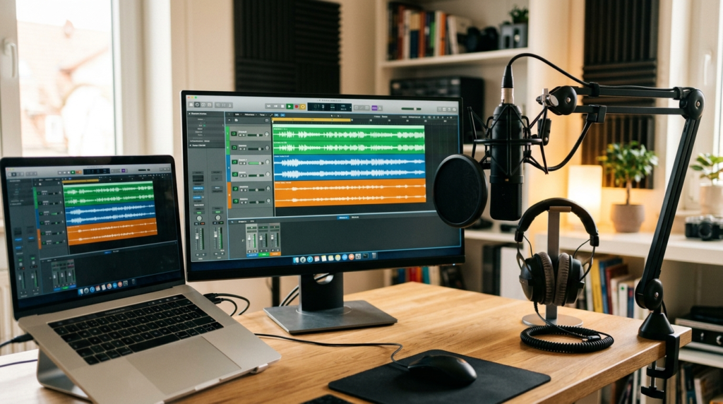 Laptop and monitor showing a multitrack audio editing interface beside a microphone, representing podcast recording and editing software