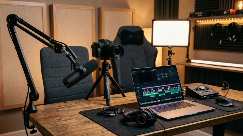 Podcast desk with a microphone, camera on a tripod, and LED light, representing video podcasting equipment in 2026