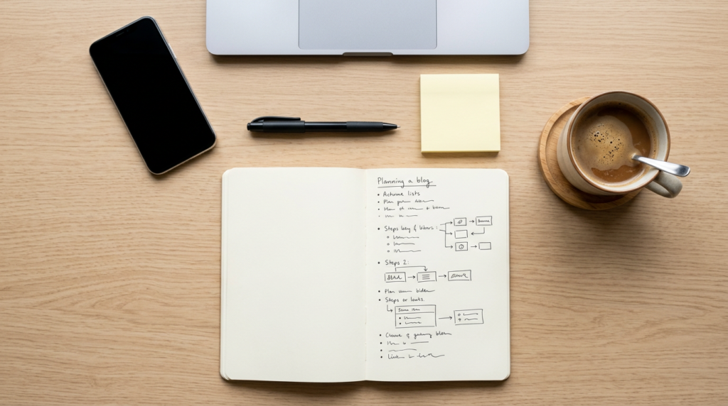 Overhead flat-lay of a notebook checklist, pen, phone, sticky notes, and laptop on a wooden desk, representing planning the steps to start a blog.