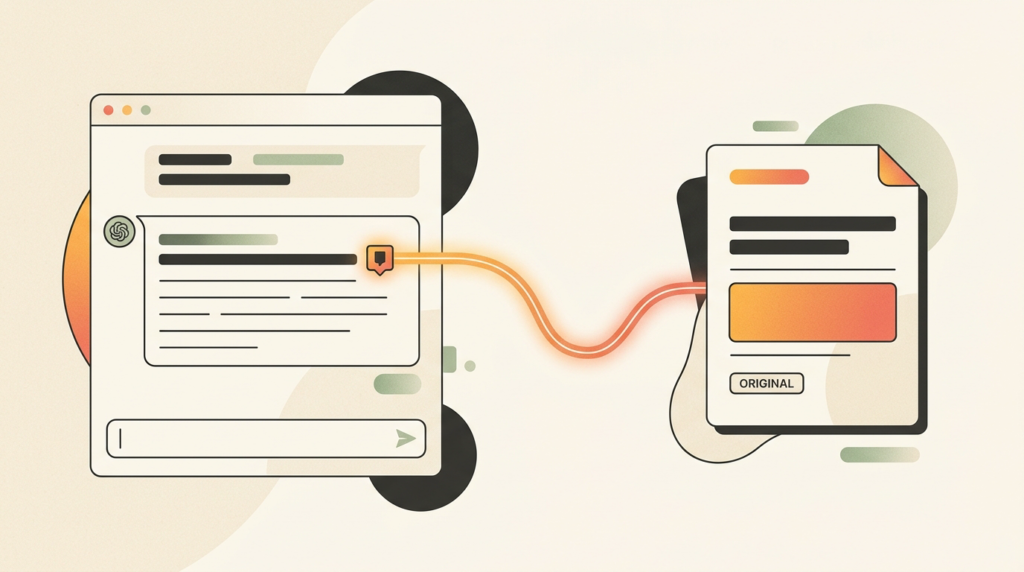 AI answer panel with a highlighted citation linking back to a source document, illustrating generative engine optimization and being quoted by AI assistants.