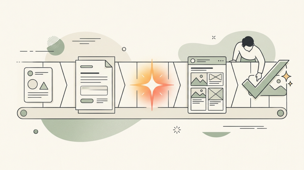 Horizontal content pipeline moving from outline to draft to social post with an AI assist and a final human-review checkmark, illustrating AI inside marketing workflows.