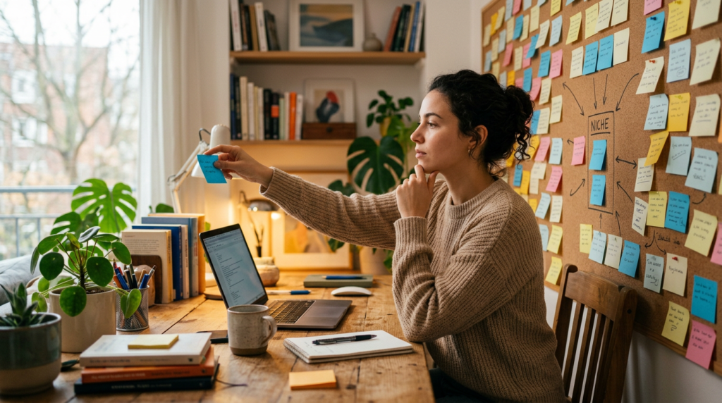 A person selecting one note from a wall of sticky notes, representing narrowing many ideas down to one focused blogging niche.