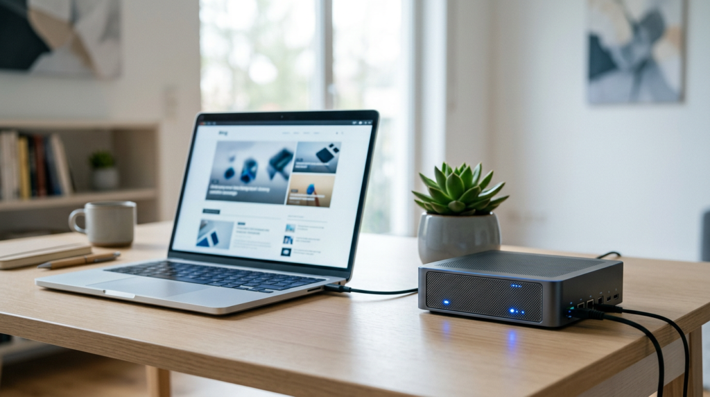 A laptop beside a small server with status lights on a desk, representing registering a domain and getting web hosting.