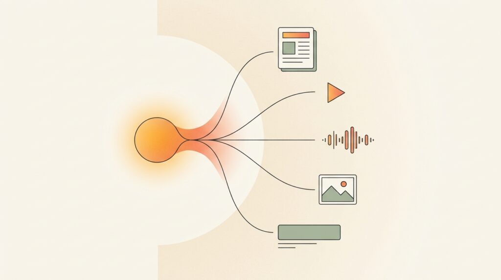 One central source shape branching outward into document, video, audio, and image icons, illustrating multimodal AI turning a single idea into many content formats.
