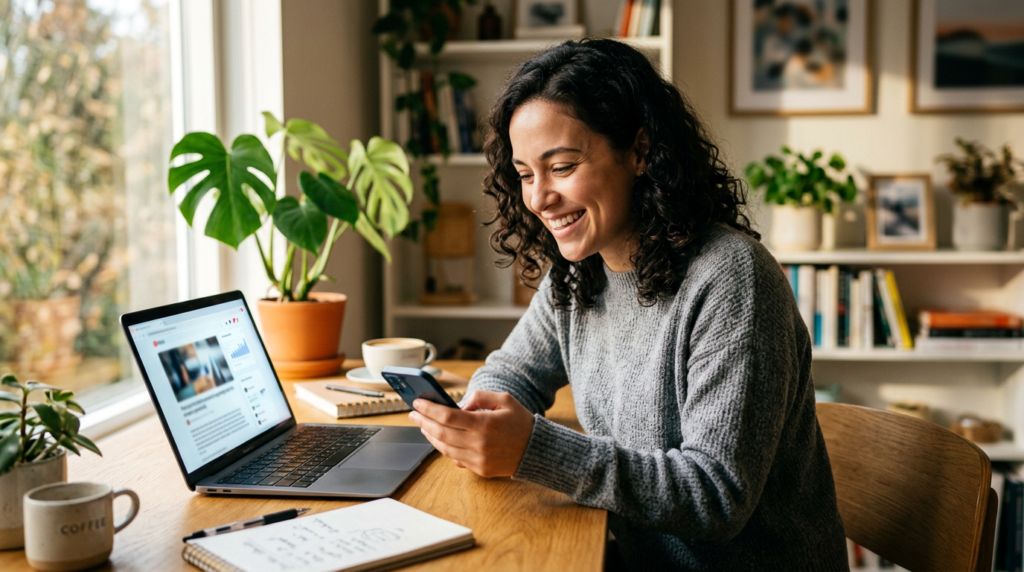 A person smiling at a phone and laptop together at a bright desk, representing promoting and growing a blog through email, social, and search.