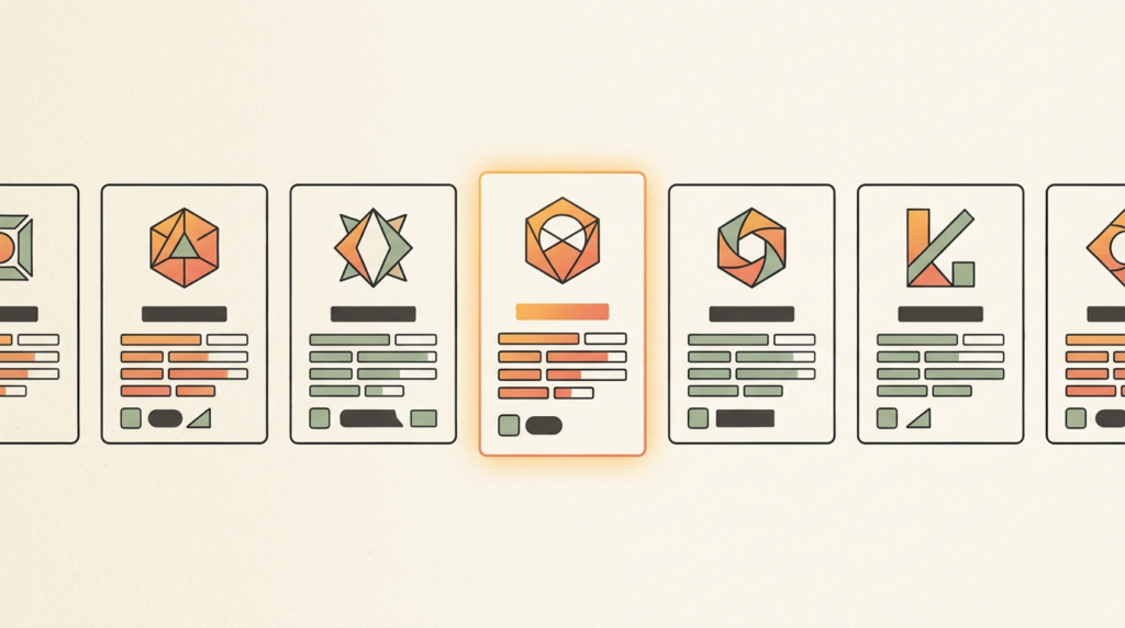 A row of distinct AI tool cards arranged like a comparison shelf with one highlighted as the standout pick, illustrating a short, deliberate paid toolkit.