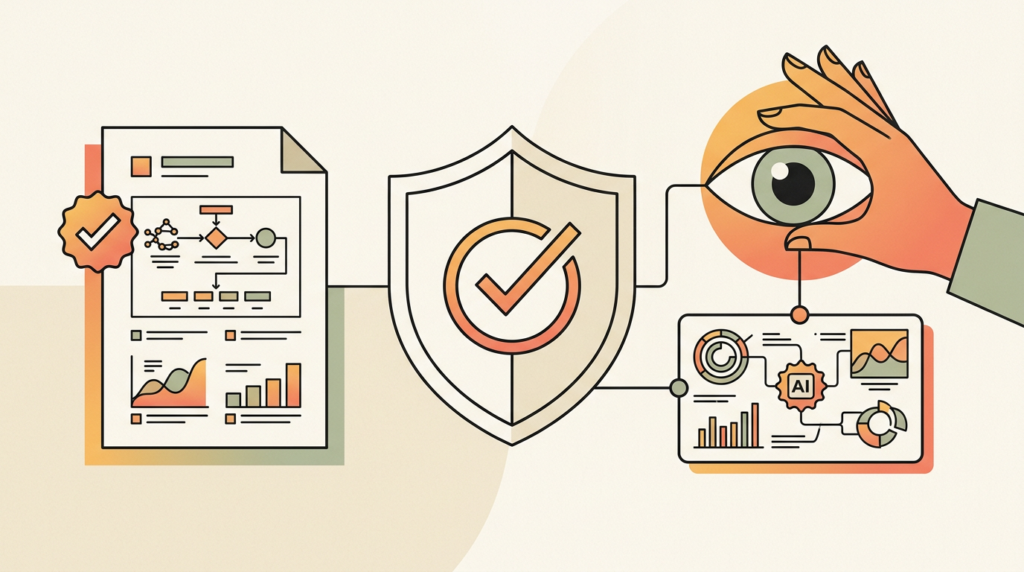 Shield and human-oversight motif watching over a verified AI output, illustrating trust, governance, disclosure, and human review of AI.