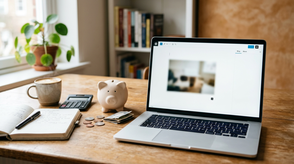 A piggy bank and coins beside a laptop, notebook, and calculator, representing the low cost of starting a blog under $50.