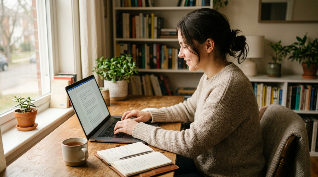 A person writing at a laptop in a cozy home workspace with tea and a notebook, representing creating your first blog posts.