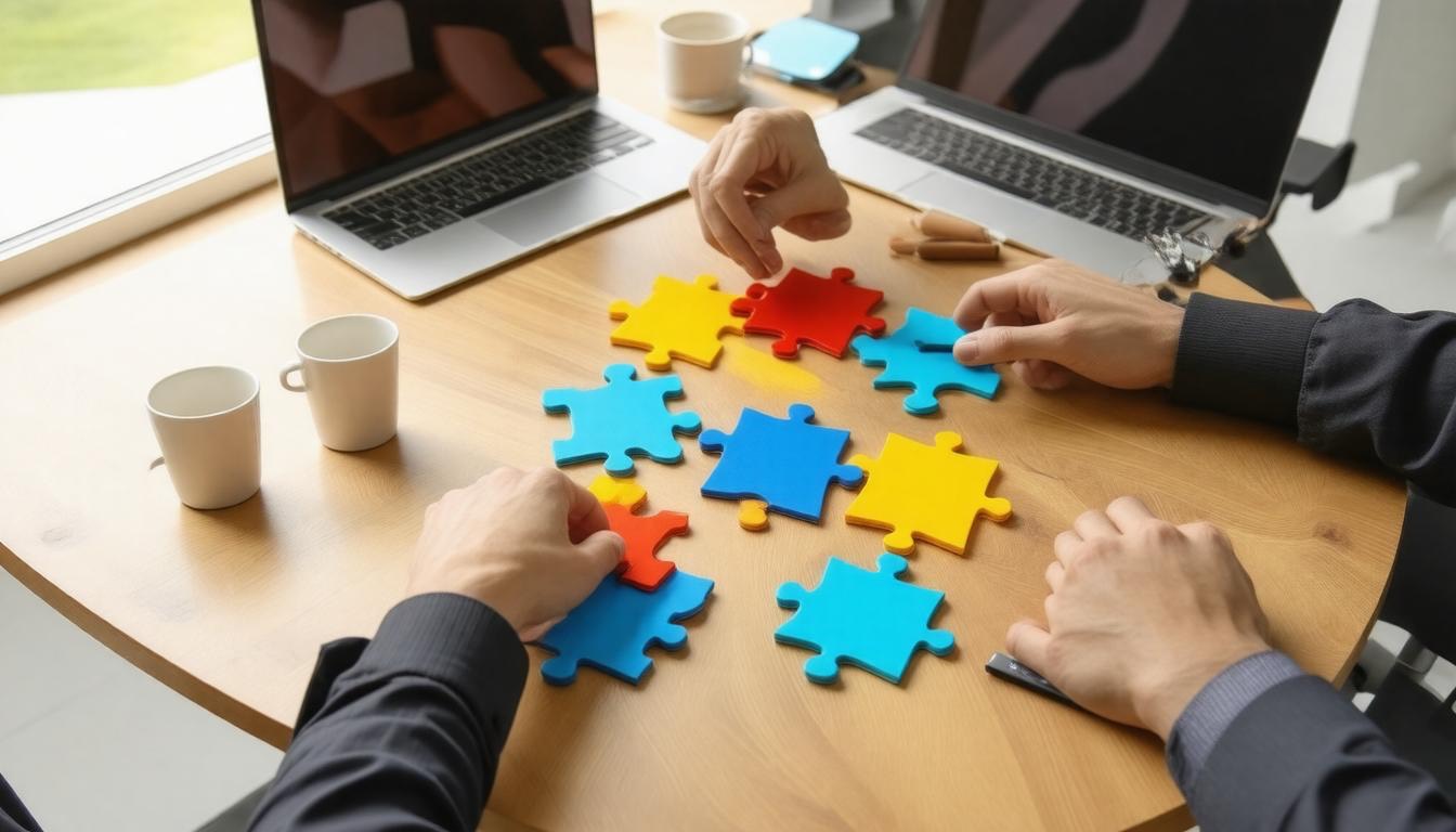 Hands assembling puzzle pieces