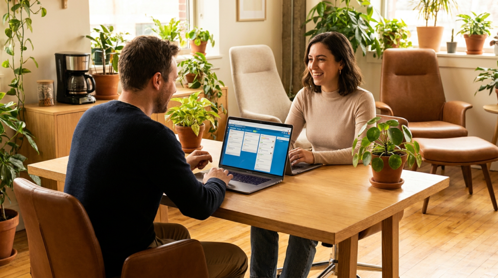 Two-person team using ClickUp Free plan on laptops in a modern office workspace.
