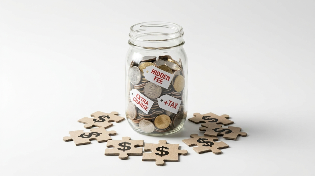 Hidden costs concept illustrating ClickUp add-ons and extra fees with coins and price tags.
